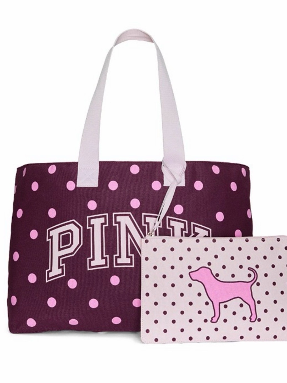 PINK Victoria's Secret Plum and Light Pink Polka Dot Tote with Matching Pouch